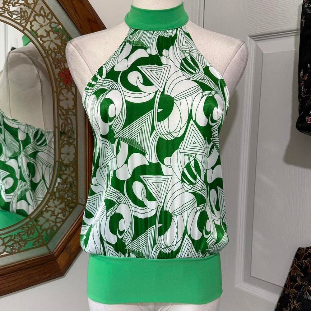 VTG Y2K Puzzle Green & White Satin Abstract Retro Pattern Choker Halter Top S